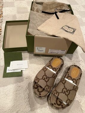 Gucci Camel Ebony GG Canvas Slide Sandals